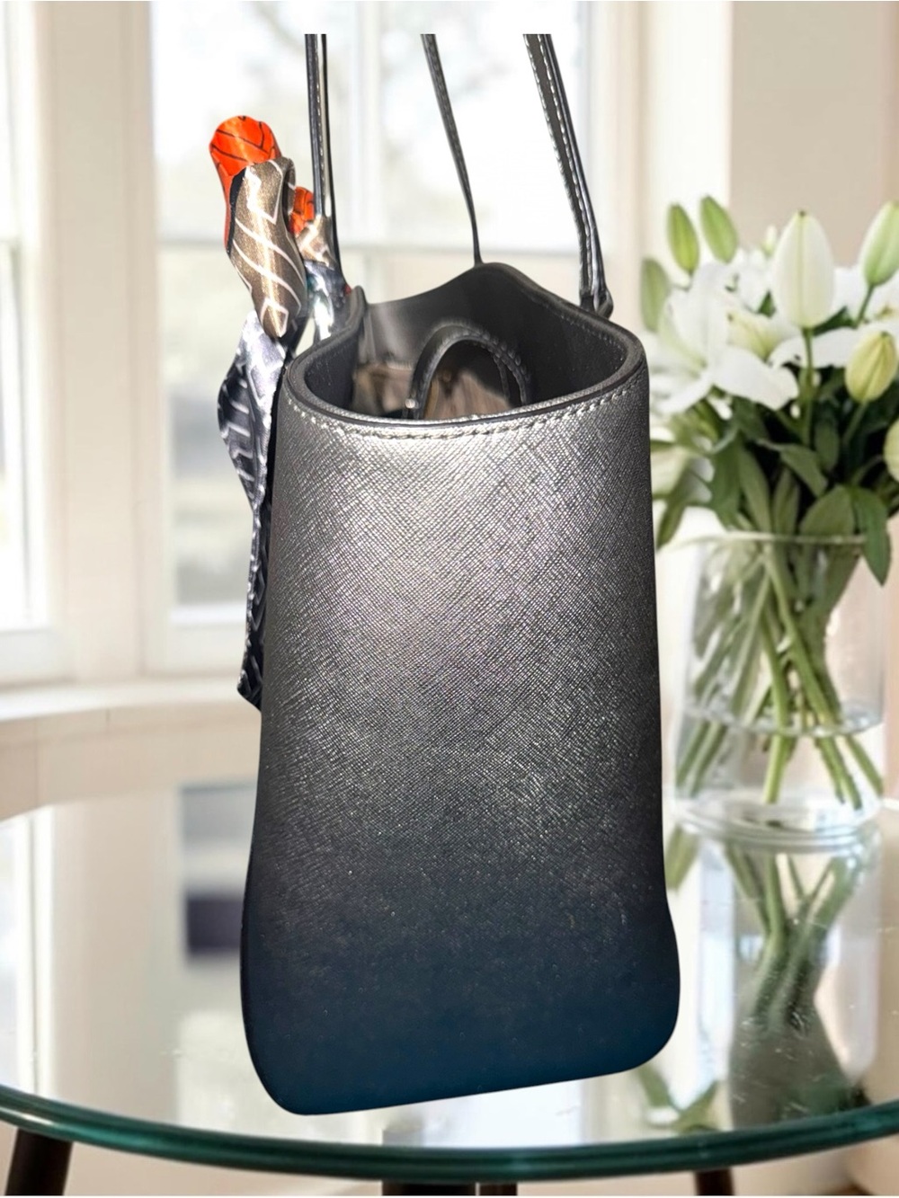3FER Karl Lagerfeld Park Metallic Silver Tote with Matching Pouch & Accent Scarf - Picture 9 of 16